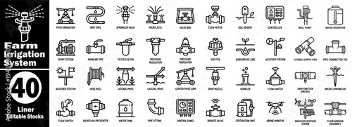 Farm irrigation system linear icons.  Editable stock icons for agriculture vector illustrator.