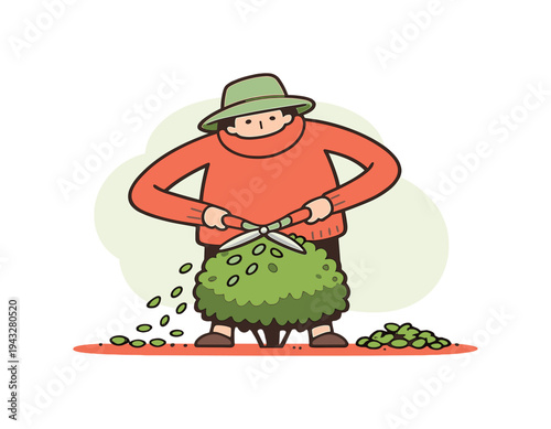 Cozy person trims bushes with shears, shaping soft greenery as clipped leaves fall neatly along the garden edge nearby. |