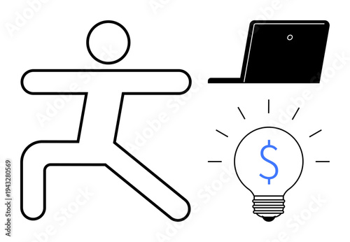 Work-life balance, creativity, financial success, remote work, mindfulness, innovation. Simplistic stick figure in yoga pose, lightbulb with dollar sign and laptop. Work-life balance and creativity