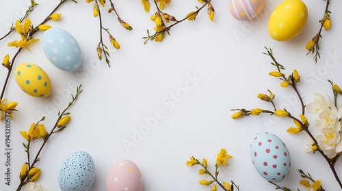 Easter background with blooming forsythia branches and colorful eggs, text space