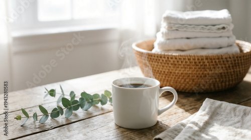 Basket of clean laundry, mug of coffee, and eucalyptus sprig on a table with copy space