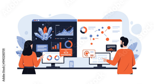 A male and female analyst team collaborates in front of a large digital dashboard displaying complex data visualizations and charts.