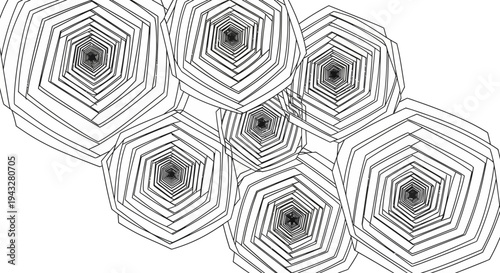 Abstract Black and White Repeating Hexagonal Spiral Geometric Pattern Background.