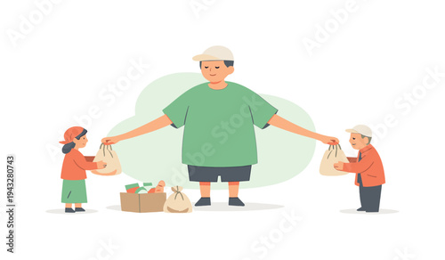Man distributing grocery bags to children, symbolizing charity and community support