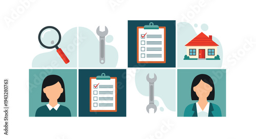 A collection of flat design icons related to home inspection and real estate services arranged in a grid on a white background.