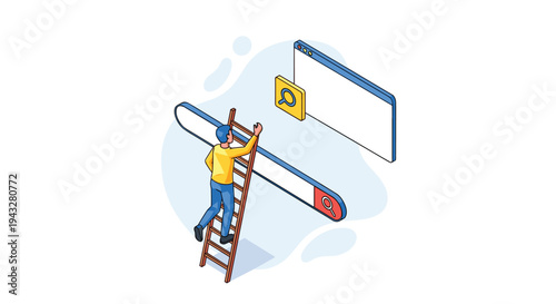 A man climbs a ladder to interact with a giant search bar and browser window in a clean, isometric vector illustration.