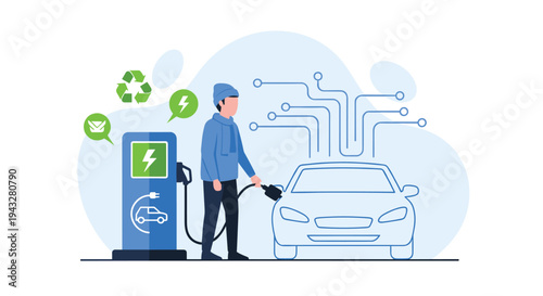 A man charges his modern electric vehicle at a public charging station in a concept illustration about sustainable energy and technology.