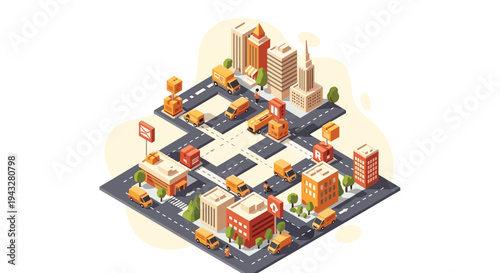 An isometric view of a city with numerous yellow delivery trucks moving between buildings, illustrating a complex logistics and distribution network.