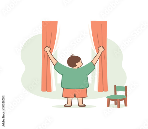 Child opening curtains to reveal a bright new day, symbolizing hope and new beginnings