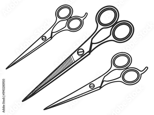 Set of three professional scissors in line art style, clean vector illustration for hairdressing or tailoring