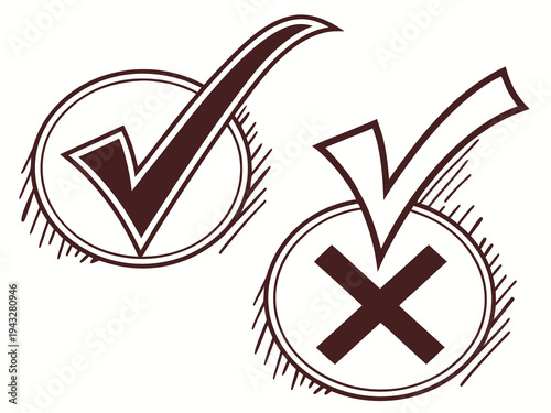 Check mark and cross mark icons, two circular frames with hatching, hand-drawn style for choice or validation