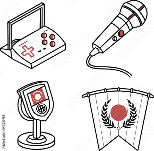 Minimalist vector illustration set featuring gaming console, microphone, trophy, and Japanese style banner icons isolated on a white background for digital design.