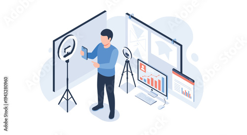 An isometric vector illustration of a male vlogger or content creator in a studio setup with a ring light, computer, and smartphone for social media.