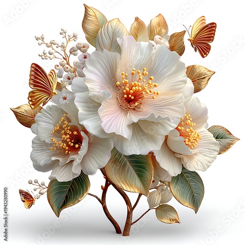 Decorative white blossoms with golden accents high resolution picture