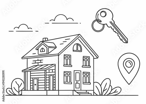 Simple line drawing of a house with key, location pin, and bushes, symbolizing real estate, home ownership, and property