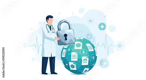 A doctor holds a large padlock to represent the security of digital medical records contained within a transparent globe, ensuring patient data privacy.