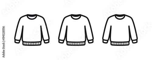 Three identical simple line art sweaters arranged horizontally on a white background