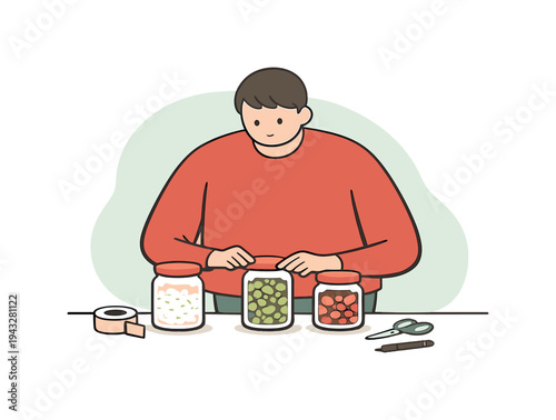 Quiet person labels containers on a counter, aligning jars neatly while hands apply small tags and tools rest nearby. | labeling