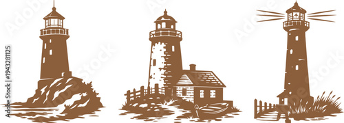 Vintage Lighthouse Set Coastal Beacon Illustration Nautical Maritime Design.