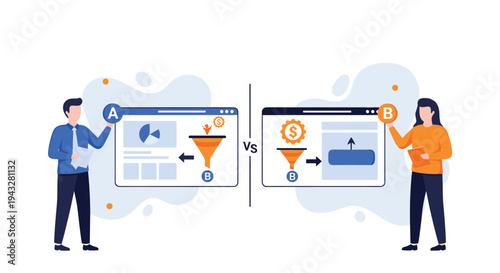 A man and a woman present two different website landing page versions, A and B, for a split test comparison to optimize the conversion funnel.