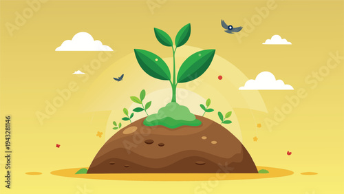 A small plant sprouting from a mound of soil with birds flying in the background Vector