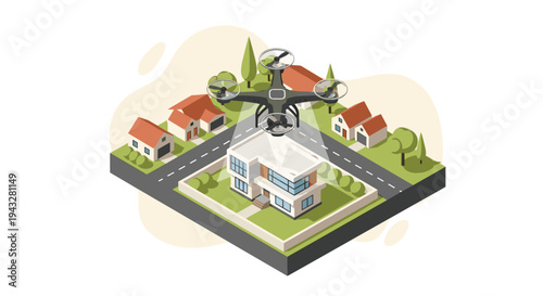 An isometric view of a quadcopter drone conducting an aerial survey or inspection of a modern residential house in a suburban neighborhood.