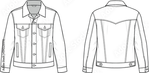 White Denim Jacket Illustration Set with Pockets, CAD Drawing Flat Vector Sketch for Fashion Design, Outerwear Technical Fashion Template Mockup.
