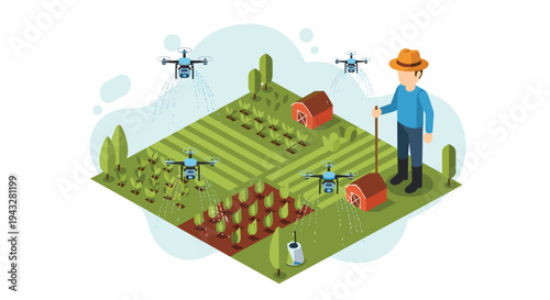 A farmer in a hat observes multiple autonomous drones spraying pesticides over crops in a modern, isometric agricultural field.