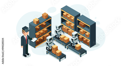 An isometric illustration of a warehouse manager observing three robots automating the process of moving boxes on conveyor belts.