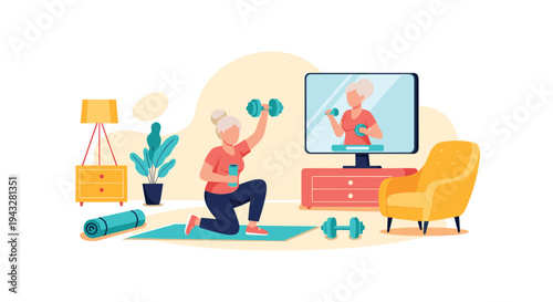 A senior woman exercises at home with dumbbells while following an online fitness class on her television, promoting active and healthy aging.