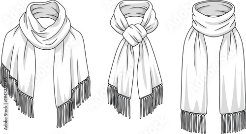 White Scarf Illustration Set with Tassels, CAD Drawing Flat Vector Sketch for Fashion Design, Winter Neckwear Accessories Technical Fashion Template.