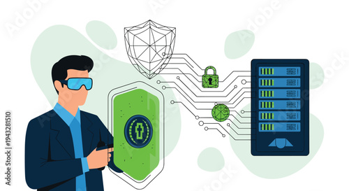 A man wearing VR glasses interacts with a digital security interface featuring shields, a padlock, and a server rack in a futuristic cybersecurity concept illustration.