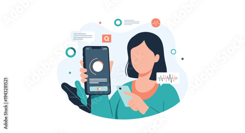 A woman interacts with a mobile application on her smartphone, which displays data analytics and user interface elements in a modern vector illustration.