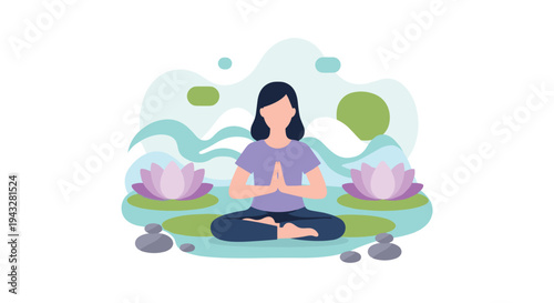 A woman meditates peacefully in the lotus position, surrounded by lotus flowers and a tranquil landscape in a calm, flat vector style illustration.