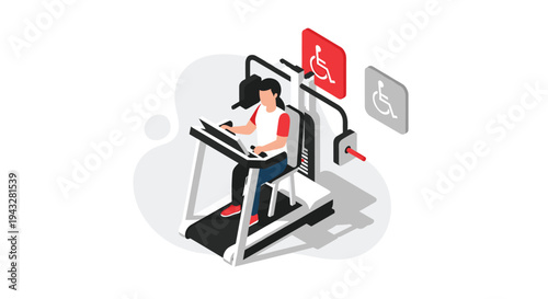 An isometric vector illustration depicts a person with a disability using an accessible treadmill specifically designed for wheelchair users in a gym.