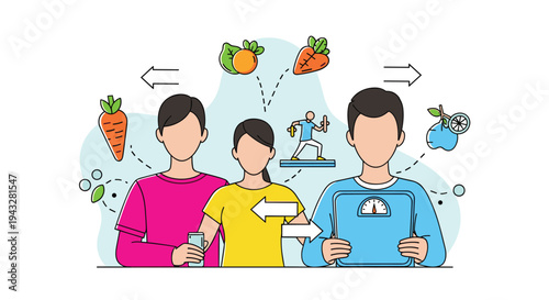 A group of people shares healthy habits, illustrated with icons of nutritious food, exercise, and a weight scale in a colorful line art concept.