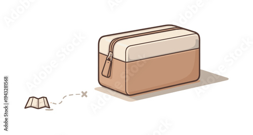 Simple illustration of a travel toiletry bag and a folded map with a dotted line leading to an X