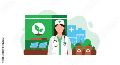 A female doctor with a stethoscope stands in front of a green hospital with solar panels and recycling bins, promoting sustainable healthcare.
