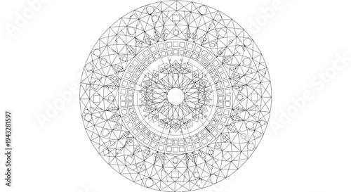 Simple Black and White Circular Geometric Mandala Design for Relaxation and Coloring.