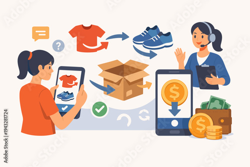 Flat Vector Illustration of Product Return and Exchange Process via Mobile App Featuring Customer Support Agent, Cardboard Box, Refund to Digital Wallet, Money Back, and Online Shopping Concept