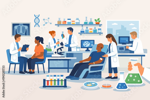 Medical Research Laboratory Vector Illustration with Scientists and Doctors Performing Chemical Analysis, Clinical Trials, and Health Diagnostics on Patients in a Modern Healthcare Facility