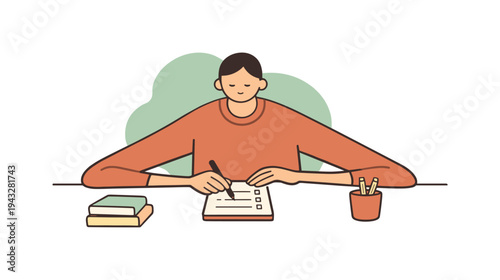 Gentle person makes a to-do list at a desk, hand gliding across paper, pauses between lines, thoughts settling quietly now... |