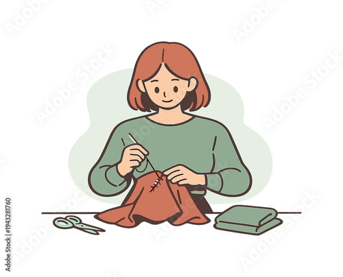 Young woman sewing fabric with needle and thread, surrounded by crafting tools and materials