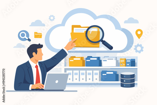 Businessman using laptop to search files in organized cloud data storage. Illustration of digital document management, information retrieval, online database, and cloud computing technology concept.