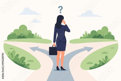 Businesswoman in a suit standing at a crossroads with a briefcase, making a difficult career decision between two paths, vector illustration of uncertainty, choice, and professional direction.