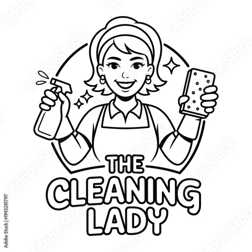 Cartoon cleaning lady with spray bottle and sponge promoting household cleaning services with sparkle effects