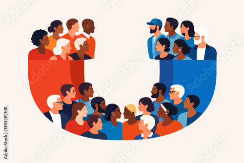 Diverse society of multiethnic people shaped like a magnet, flat vector illustration representing social attraction, community unity, inclusion, and human connection in red and blue colors.