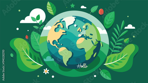 Vibrant illustration of a globe surrounded by nature elements and symbols. Vector