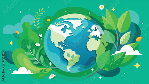 Vibrant illustration of the earth surrounded by lush green leaves and plants Vector