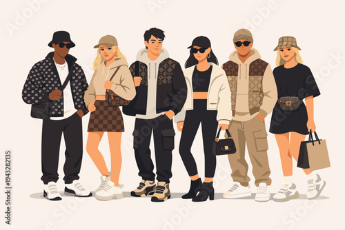 Stylish Young People Wearing Trendy Brand Clothing and Streetwear Vector Illustration. Group of Fashionable Men and Women in Hoodies, Puffer Jackets, and Cargo Pants in a Simple Flat Design.